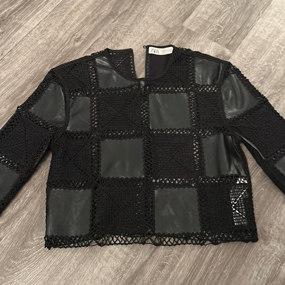 Zara checkered leather / mesh top